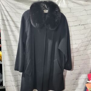 Vintage TIMOTHY DANIELS Black Wool Coat With  Fox Fur trim collar